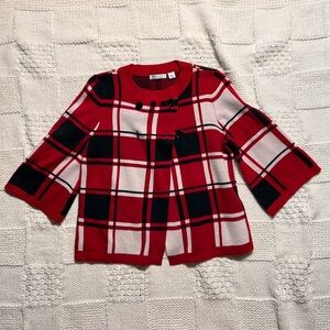 Luxe Red White Black Plaid Button Cardigan 3/4 Sleeves